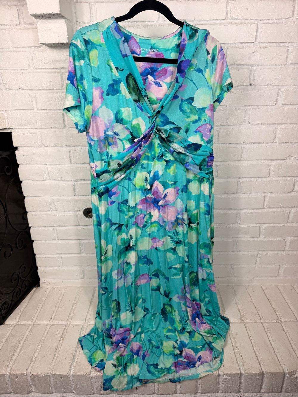 Soft Surroundings Floral Twist Front Maxi Dress Medium Aqua Blue Purple Stretch‎